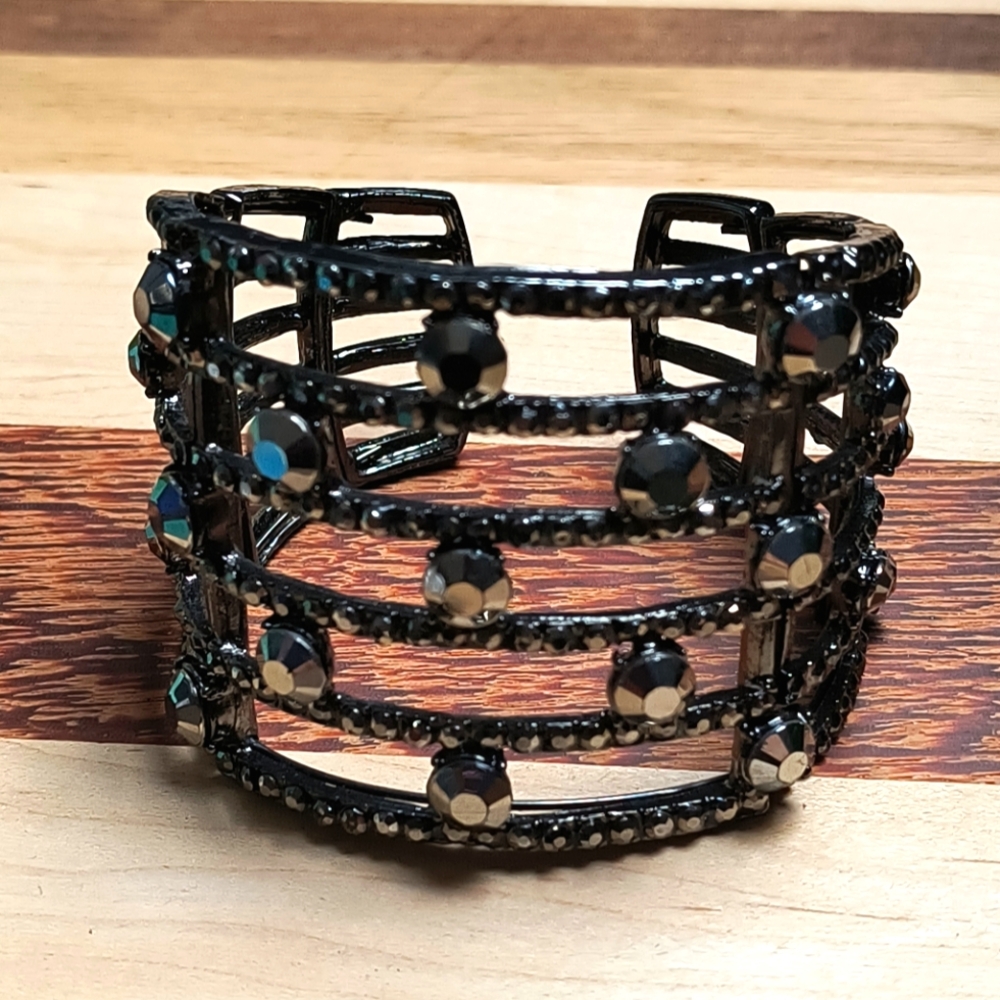 Open Cuff Bracelet Multi Row Rhinestone Marcasite Black Metal